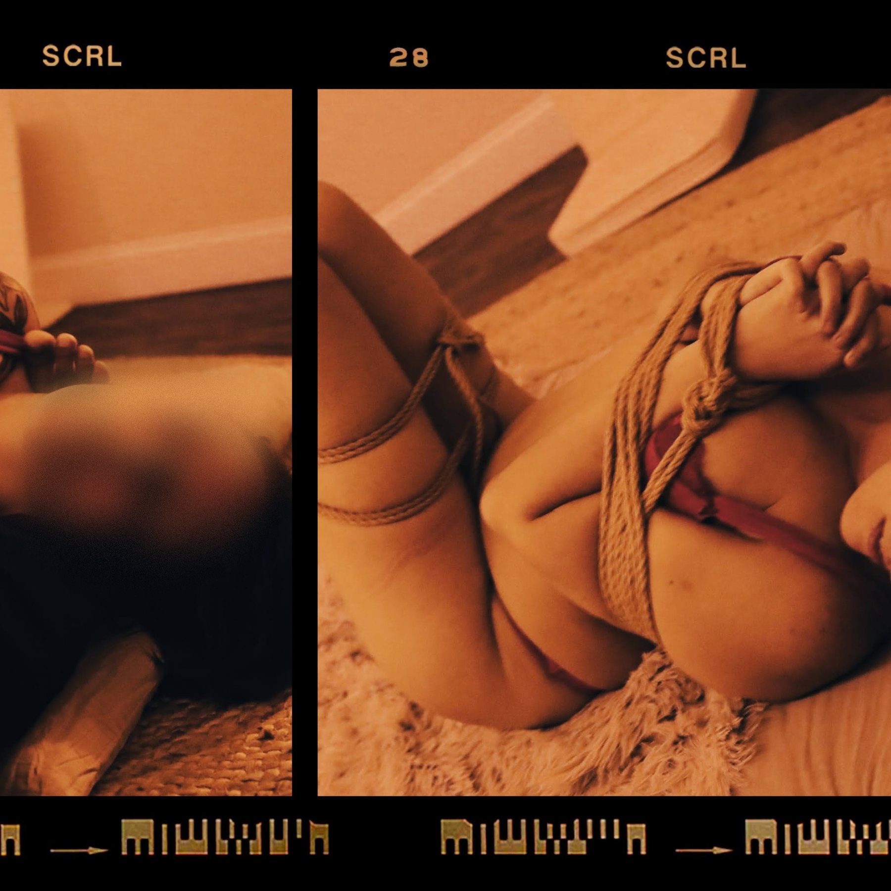 Two film frames: a woman lying on a rug, face blurred, and rope wound around her arms and chest