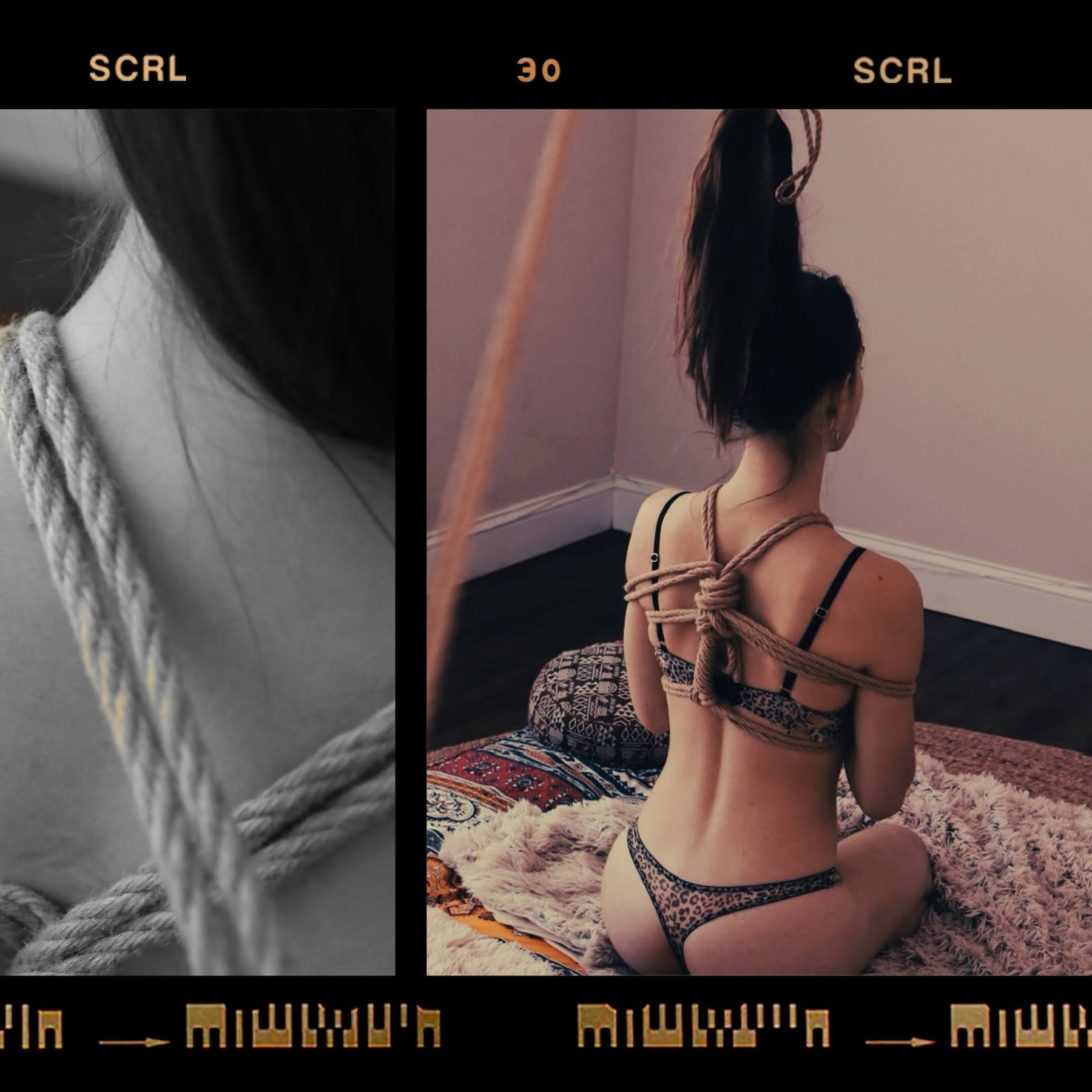 Two film frames: rope over a shoulder in black and white, and a woman kneeling in a rope harness, seen from behind