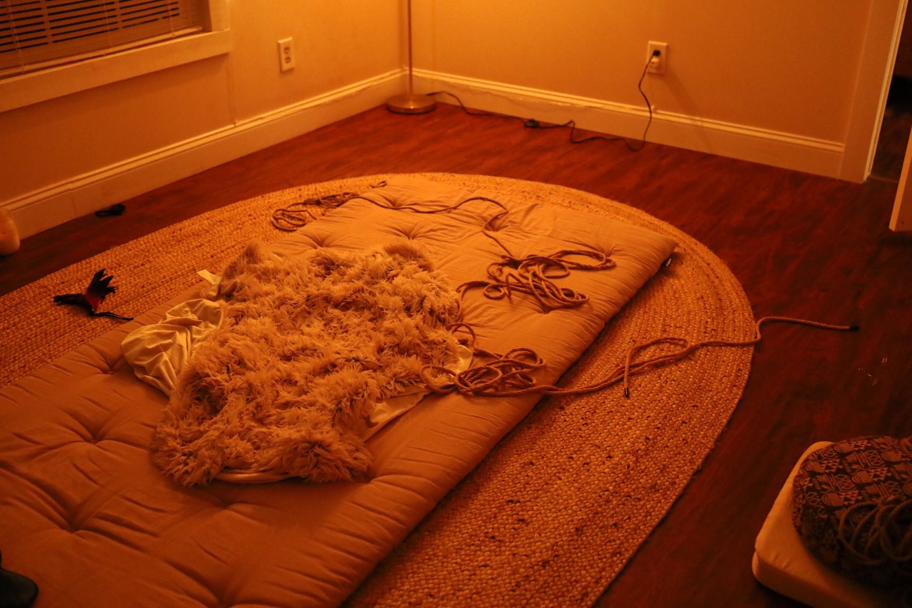 The room before a session: a futon, a fur throw, and coils of rope on a jute rug