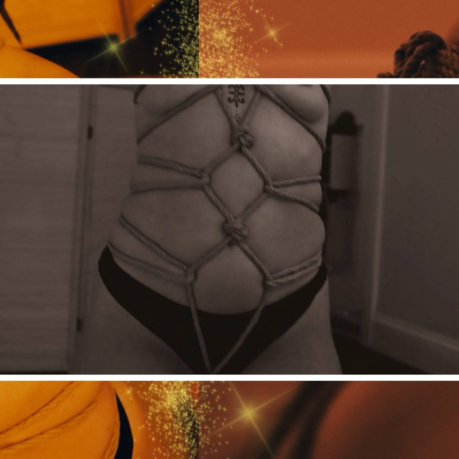 Collage: a rope net across a torso in sepia, between warm golden strips