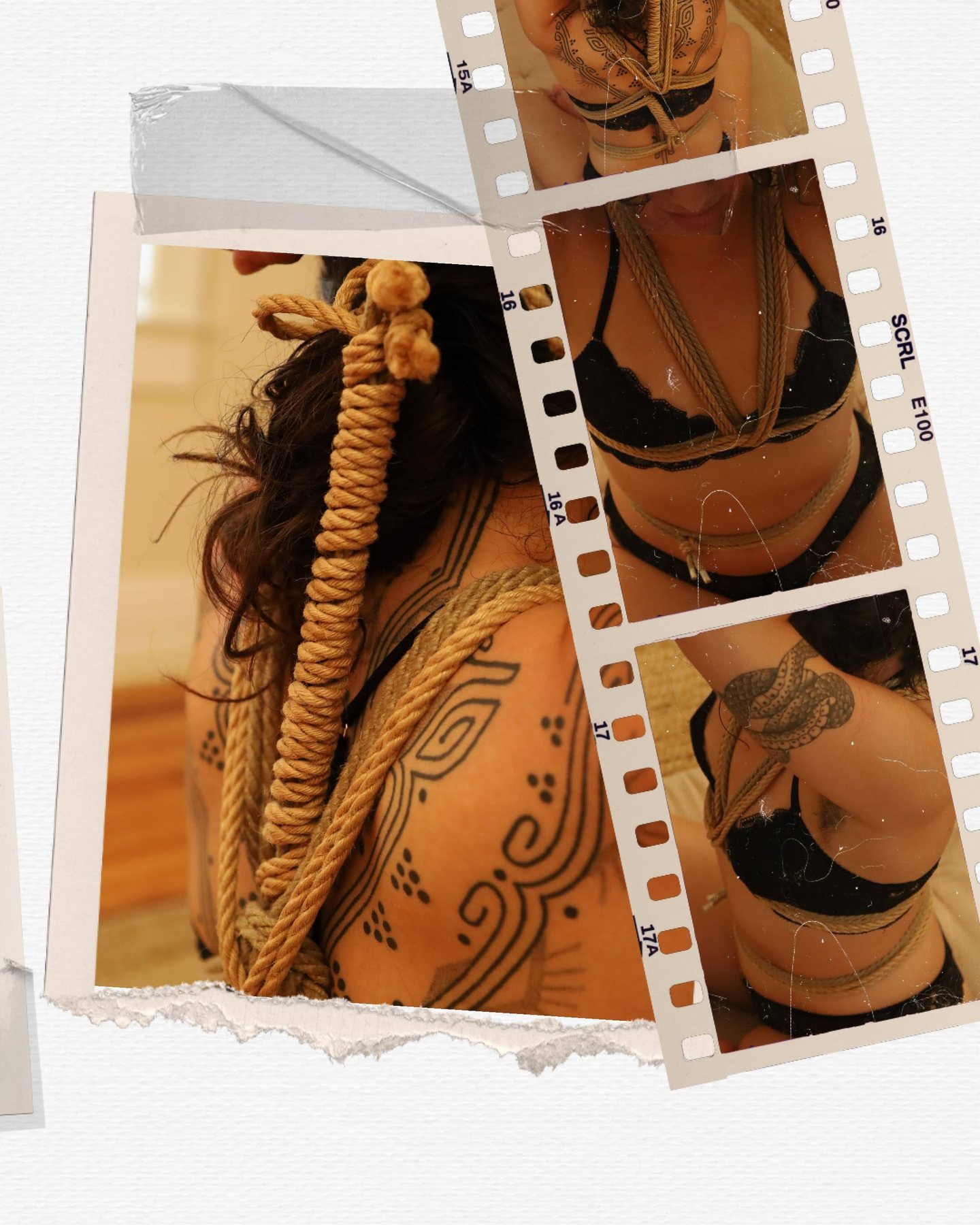 Collage: a tattooed back with the rope tail coiled over the shoulder, beside a film strip of a chest harness